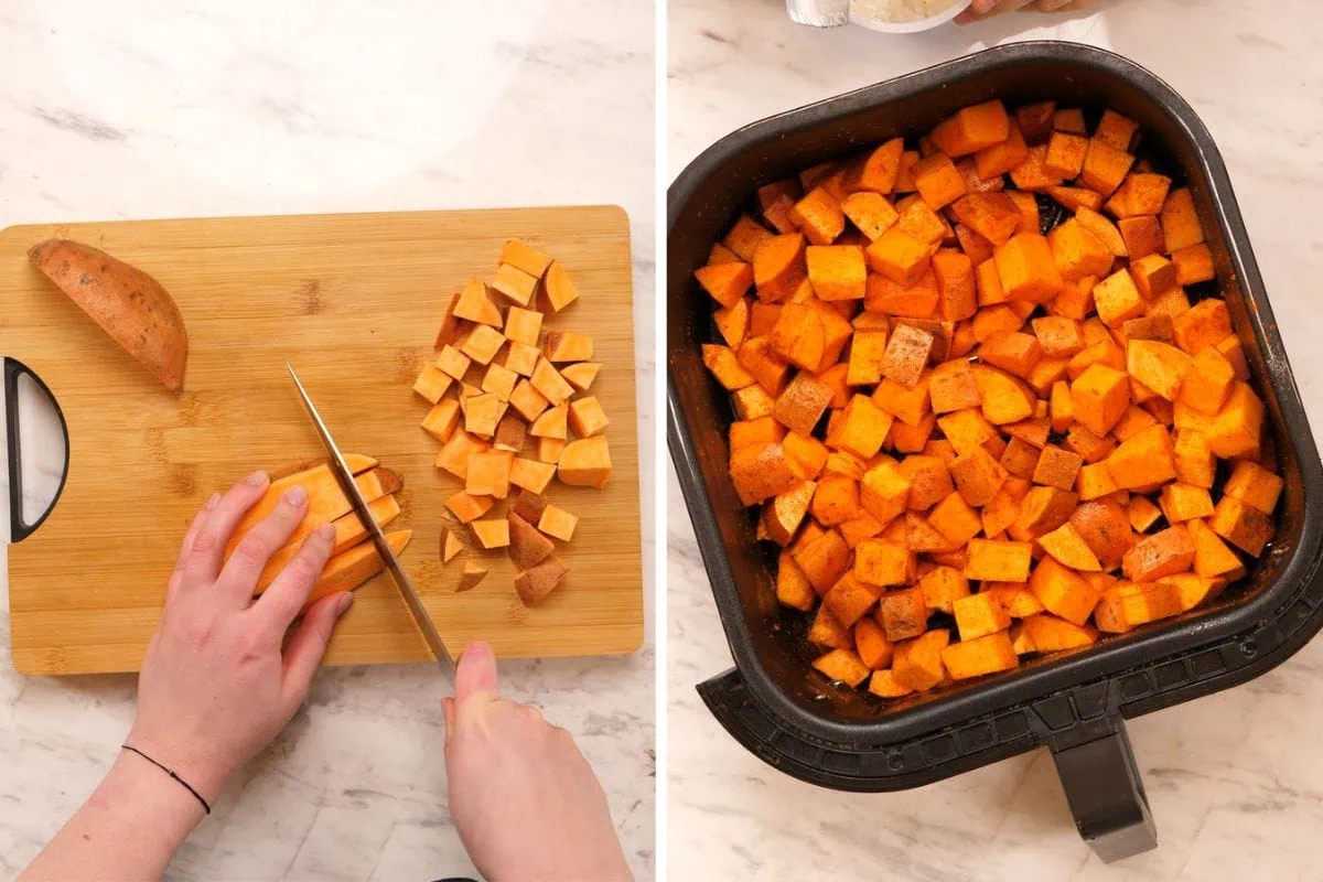 Viral Hot Honey Ground Beef and Sweet Potato Bowl 3 Cutting sweet potatoes into cubes for hot honey beef bowls