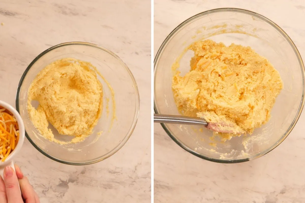 Low Carb Cottage Cheese Biscuits 5 Mixing low carb cottage cheese dough with cheddar cheese