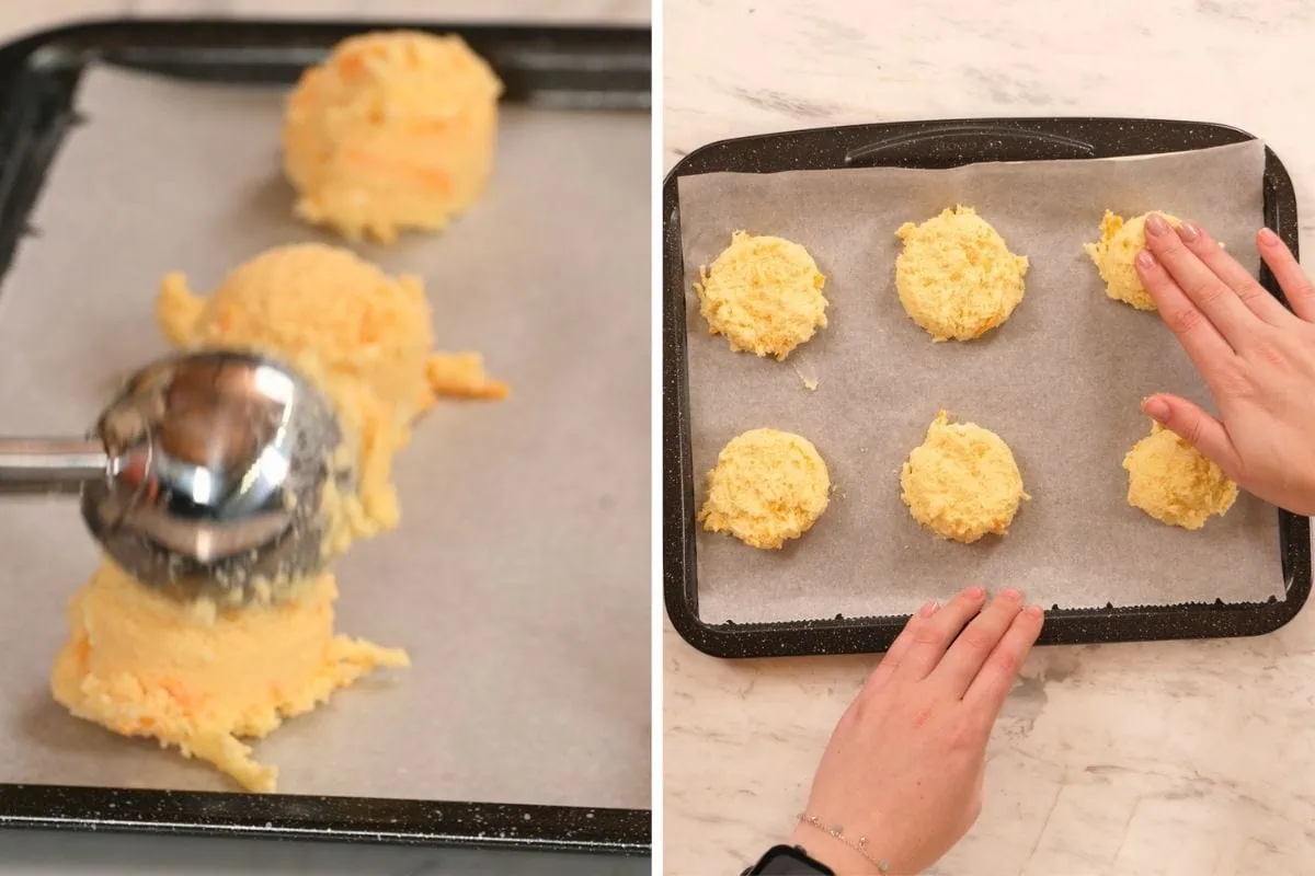 Low Carb Cottage Cheese Biscuits 6 Scooping low carb cottage cheese biscuit dough onto parchment paper