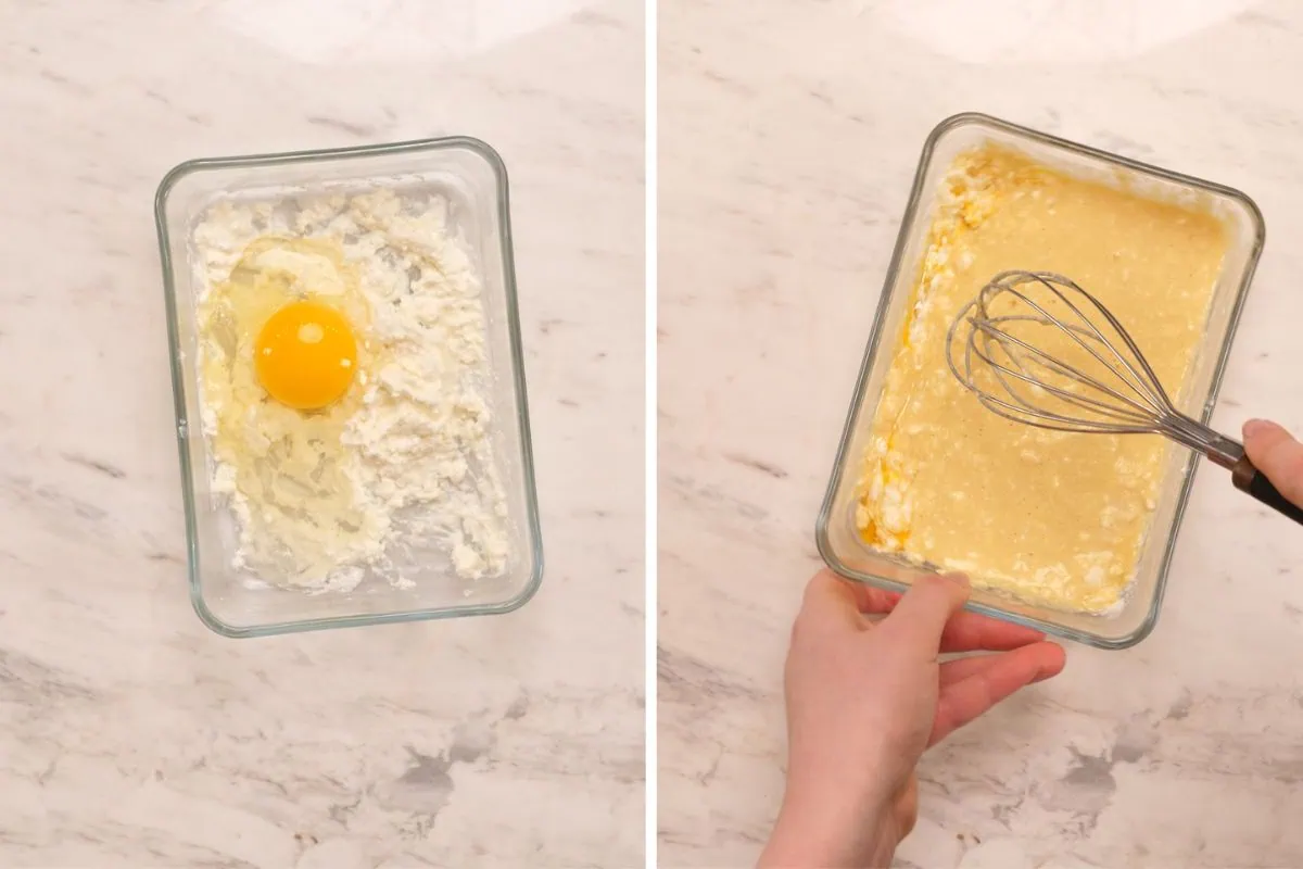Single-Serve High-Protein Chocolate Brownie 4 Whisking cottage cheese and egg together until smooth for a single-serve high-protein brownie