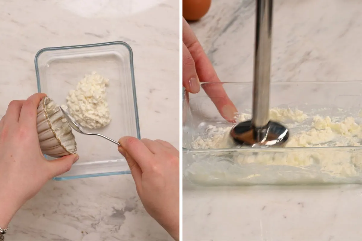 Single-Serve High-Protein Chocolate Brownie 3 Blending cottage cheese until smooth to create a creamy high-protein brownie topping