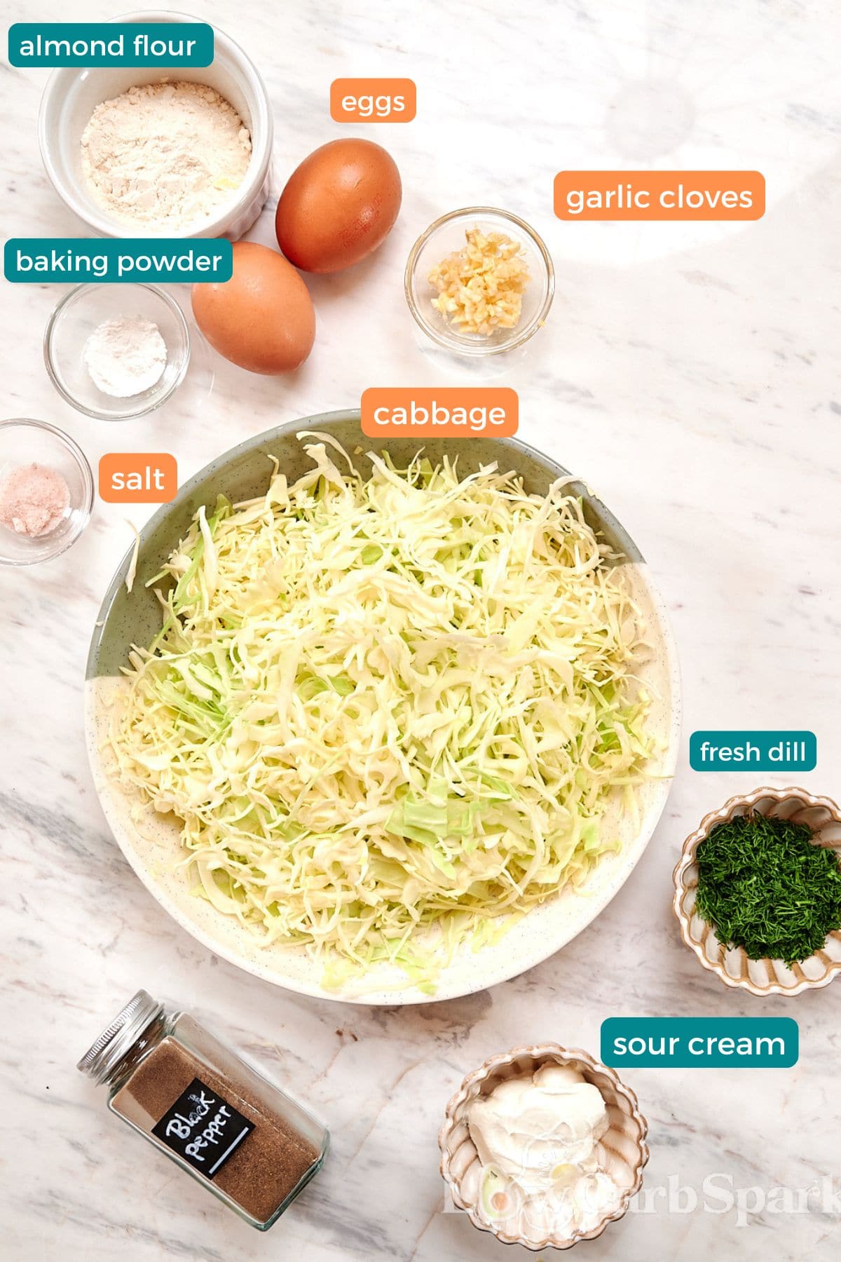 Cabbage Fritters 2 Ingredients for cabbage fritters including shredded cabbage, eggs, flour, garlic, dill, mayo, baking powder, salt, and black pepper on marble background.