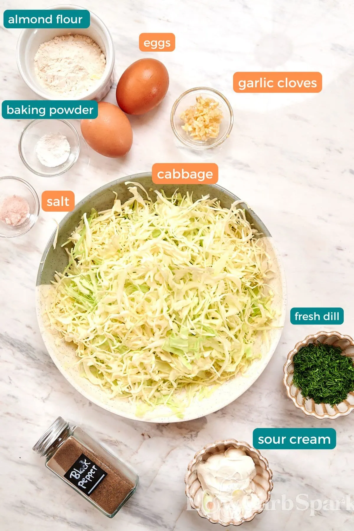 Cabbage Fritters 2 Ingredients for cabbage fritters including shredded cabbage, eggs, flour, garlic, dill, mayo, baking powder, salt, and black pepper on marble background.