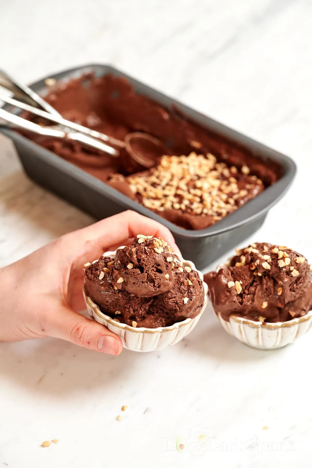Chocolate Coconut Milk Ice Cream 2 Hand holding a bowl of dairy-free chocolate coconut milk ice cream with a loaf pan in the background.
