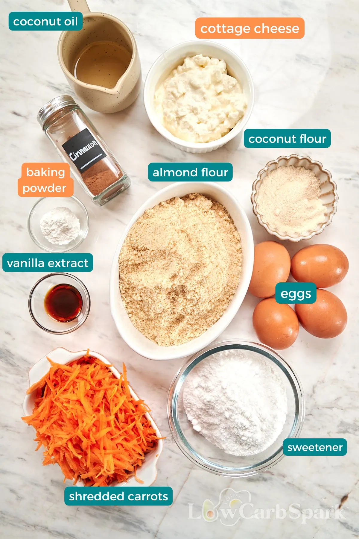 Cottage Cheese Carrot Cake Bars 3 Ingredients for high-protein cottage cheese carrot bars including almond flour, grated carrots, eggs, cinnamon, cottage cheese, and vanilla.