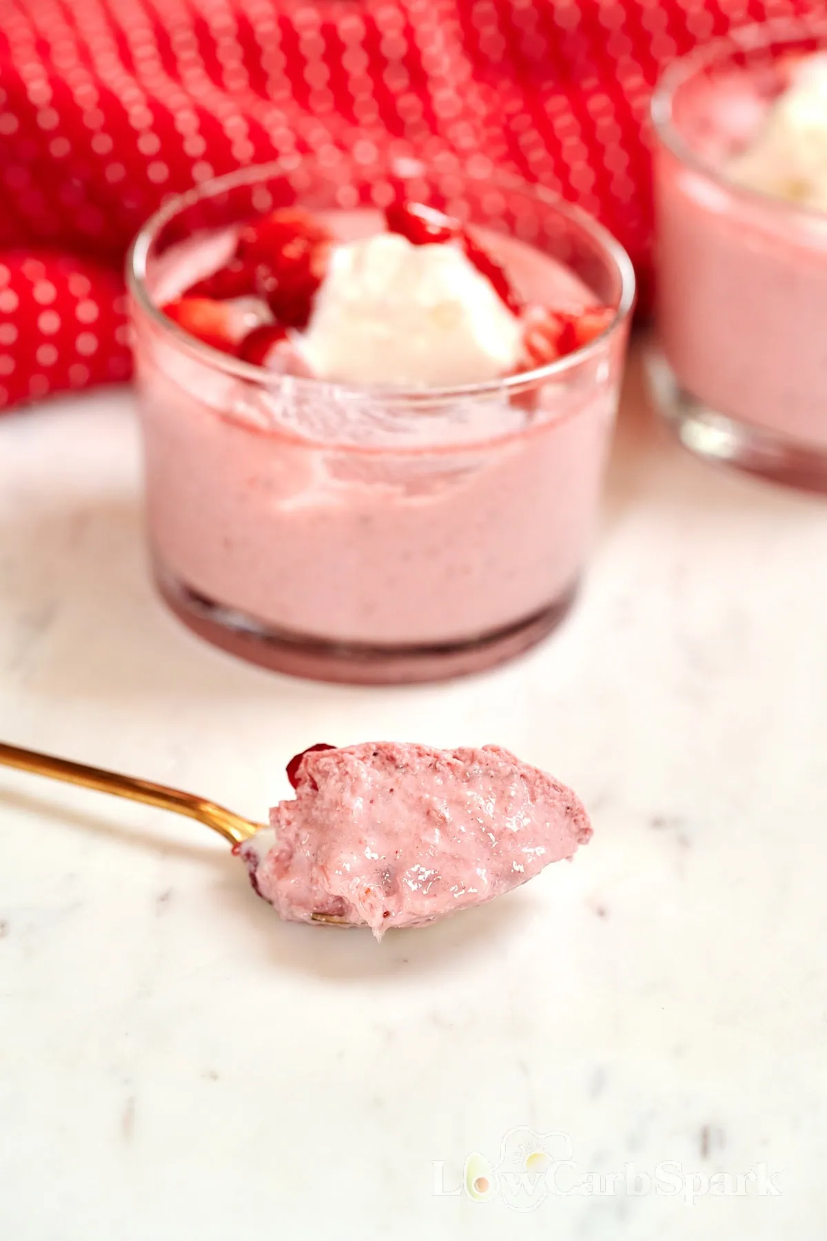 High-Protein Cottage Cheese Strawberry Mousse 8 Spoonful of creamy high-protein strawberry cottage cheese mousse.