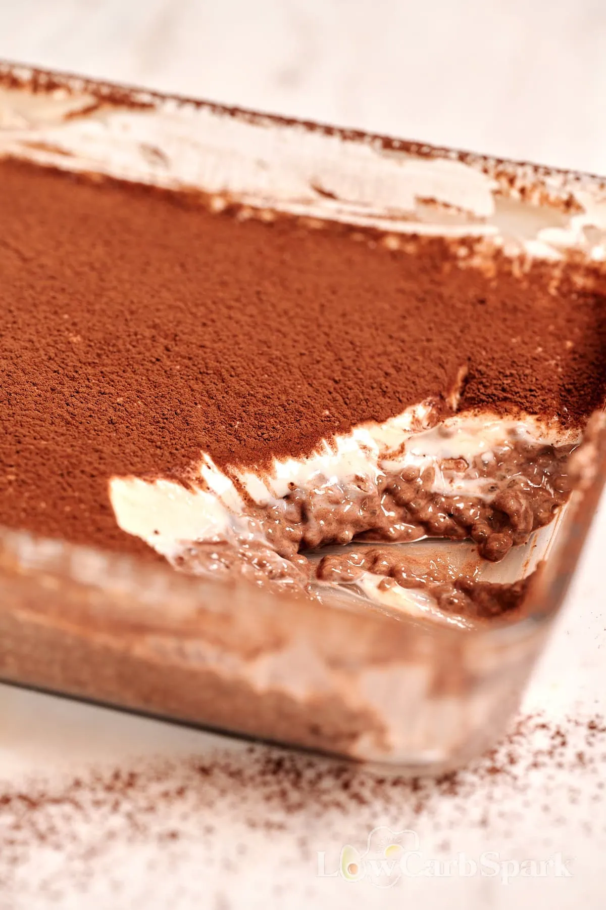 High Protein Tiramisu Chia Pudding 1 High protein tiramisu chia pudding with 38g protein per serving in a glass dish, topped with cocoa powder.
