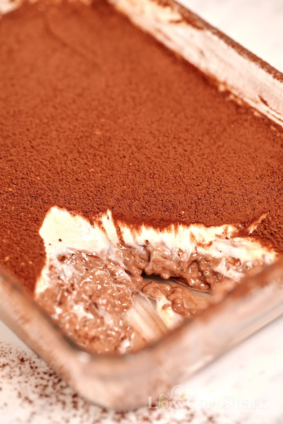 High Protein Tiramisu Chia Pudding 8 Close-up of layered high protein tiramisu chia pudding with creamy yogurt topping and cocoa dusting.