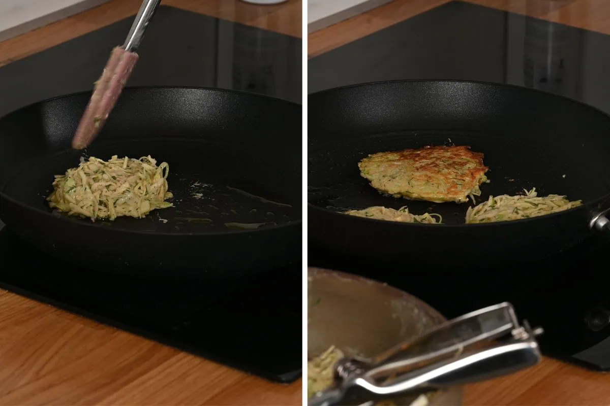 Cabbage Fritters 4 Cooking cabbage fritters in a skillet, shaping the batter and flipping until golden brown and crispy.