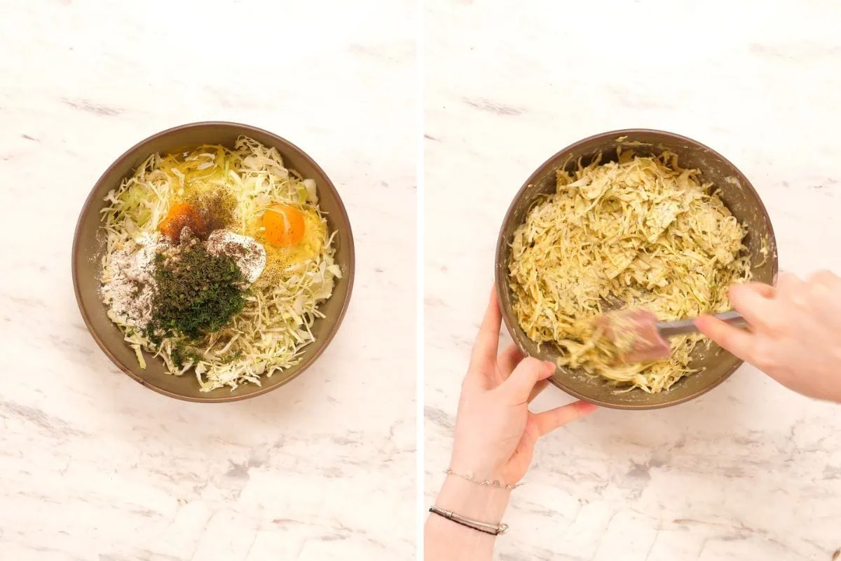 Cabbage Fritters 3 Mixing shredded cabbage, eggs, flour, dill, and seasonings in a bowl to make cabbage fritter batter.