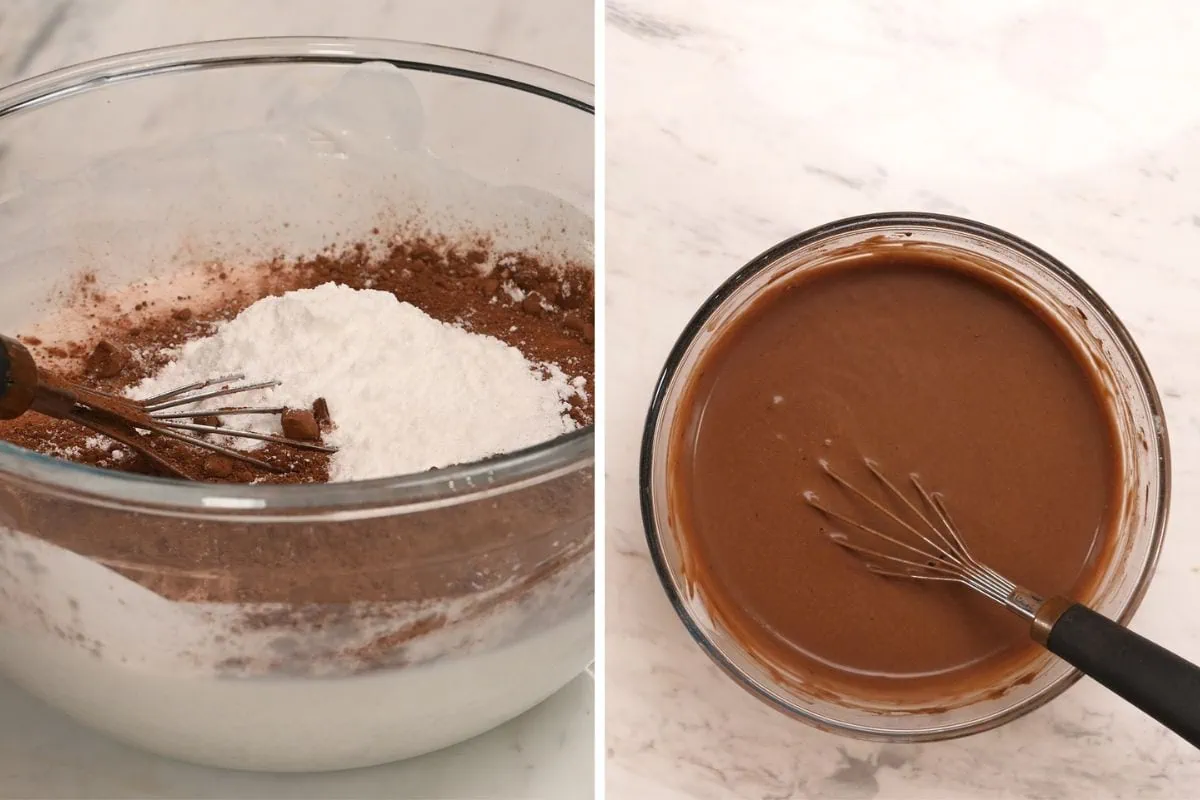 Chocolate Coconut Milk Ice Cream 4 Dry cocoa powder and powdered sweetener in a glass bowl being whisked together for chocolate coconut milk ice cream.