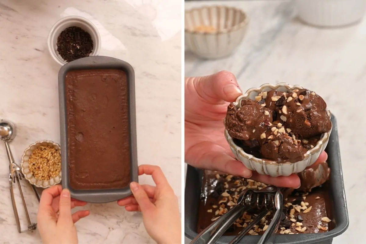 Chocolate Coconut Milk Ice Cream 6 Frozen chocolate coconut milk ice cream in a loaf pan topped with chopped nuts, ready to scoop.