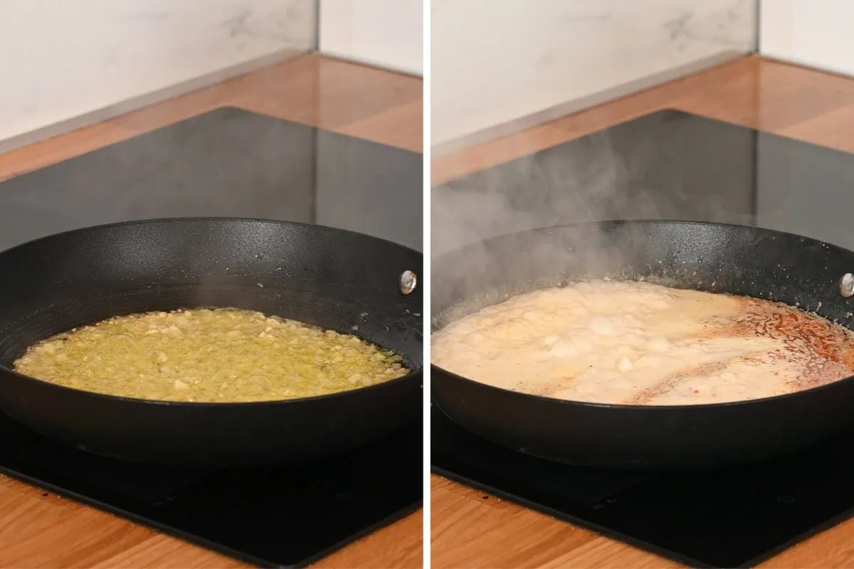 Creamy Garlic Butter Melting Cabbage 5 Cooking creamy garlic parmesan sauce in a skillet for baked cabbage wedges.