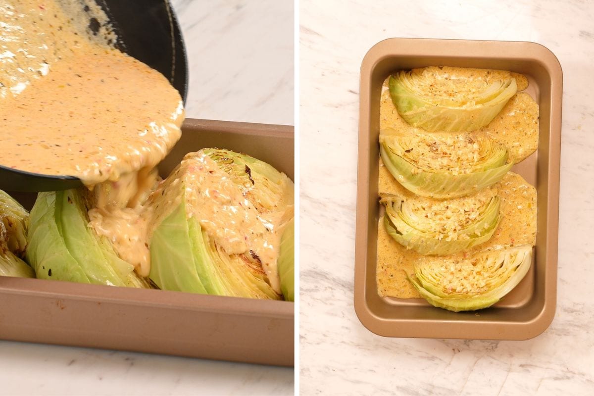 Creamy Garlic Butter Melting Cabbage 7 Pouring creamy garlic sauce over cabbage wedges in a baking dish before baking.
