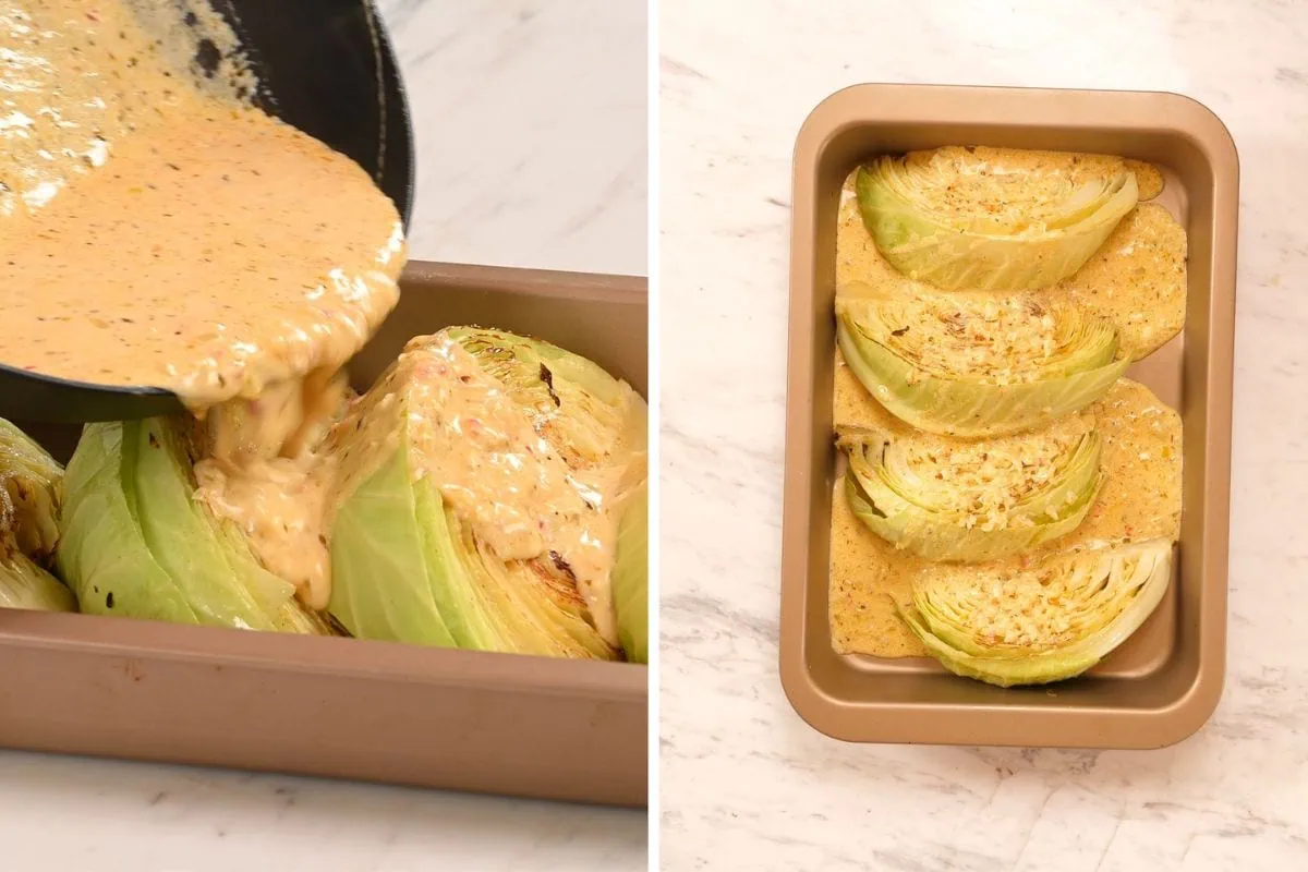 Creamy Garlic Butter Melting Cabbage 7 Pouring creamy garlic sauce over cabbage wedges in a baking dish before baking.