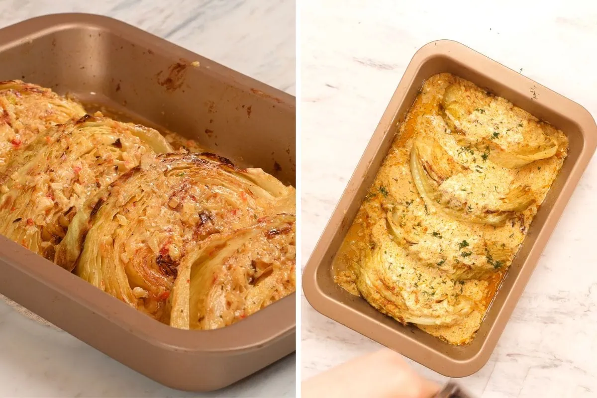 Creamy Garlic Butter Melting Cabbage 8 Baked cabbage wedges covered in creamy parmesan sauce fresh from the oven.