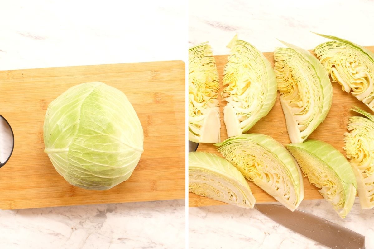 Creamy Garlic Butter Melting Cabbage 3 Preparing cabbage wedges for baking with seasoning and creamy sauce mixture.