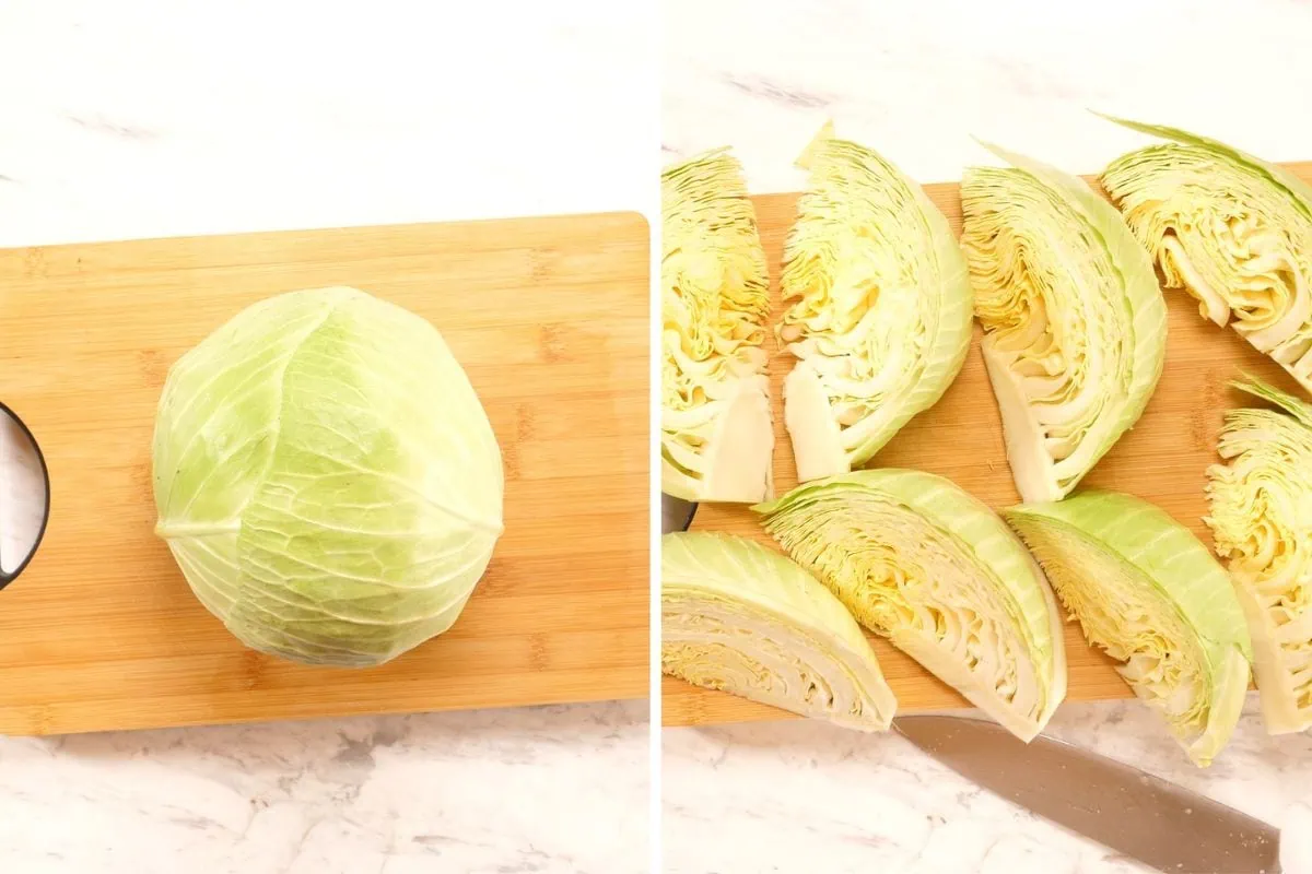 Creamy Garlic Butter Melting Cabbage 3 Preparing cabbage wedges for baking with seasoning and creamy sauce mixture.