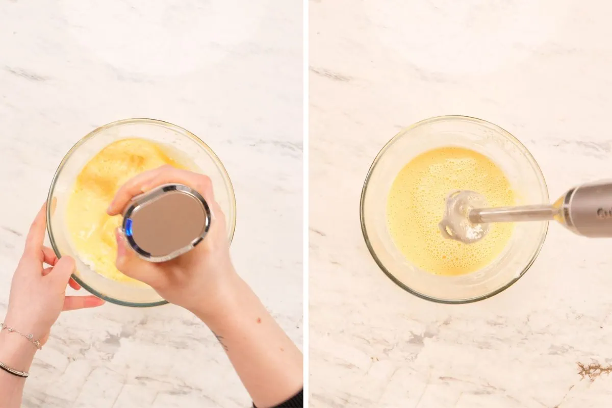 Cottage Cheese Carrot Cake Bars 5 Blending eggs and wet ingredients in a bowl to make high-protein cottage cheese carrot bars.