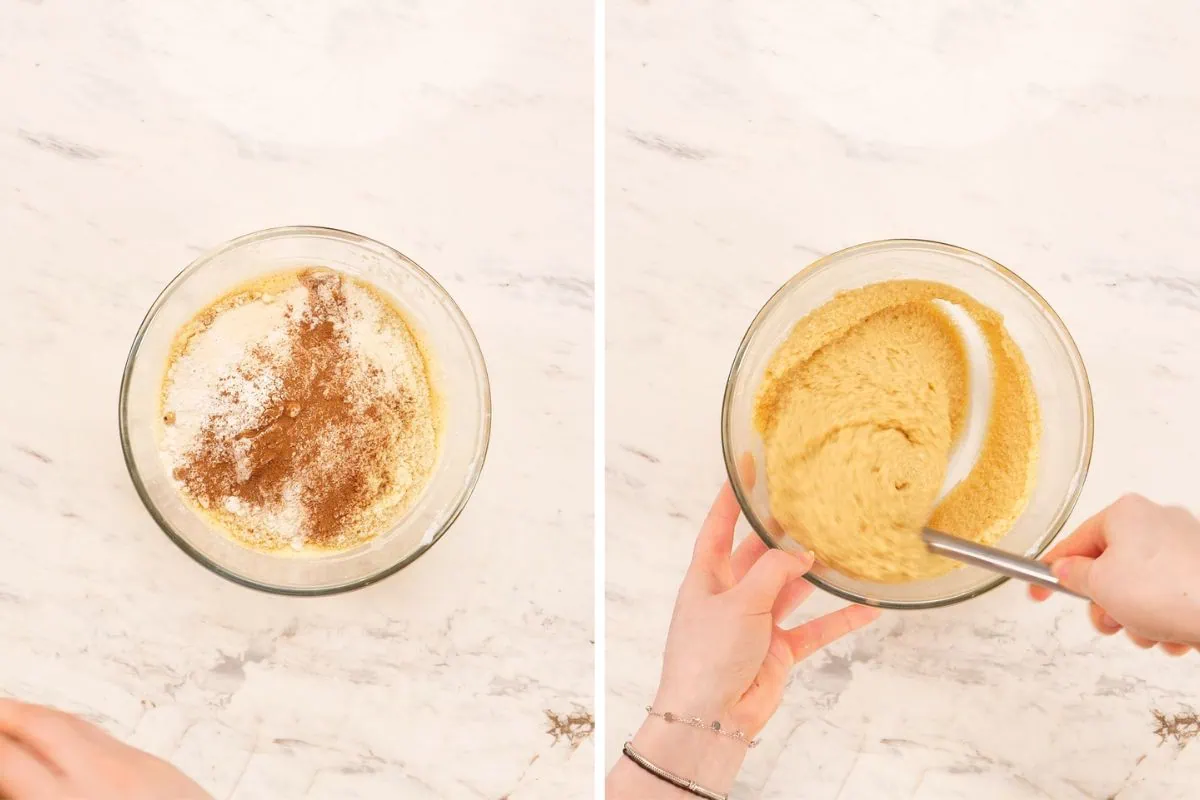 Cottage Cheese Carrot Cake Bars 6 Adding dry ingredients to the carrot bar batter.