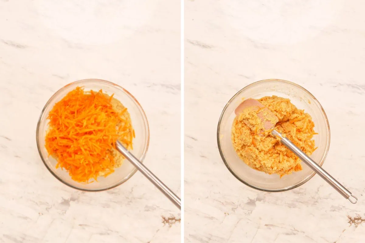 Cottage Cheese Carrot Cake Bars 7 Mixing grated carrots into the high-protein carrot cake batter.