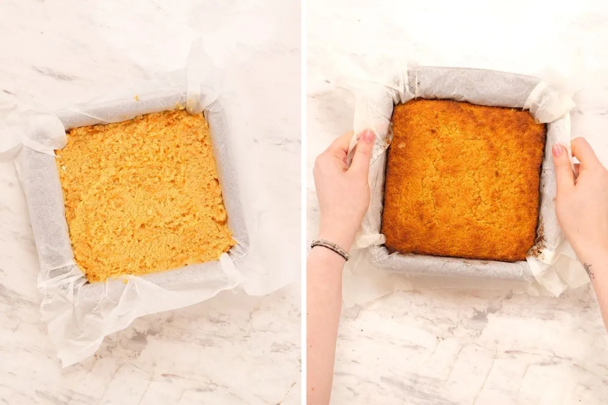 Cottage Cheese Carrot Cake Bars 8 Carrot bar batter pressed into a lined pan and baked until golden brown.
