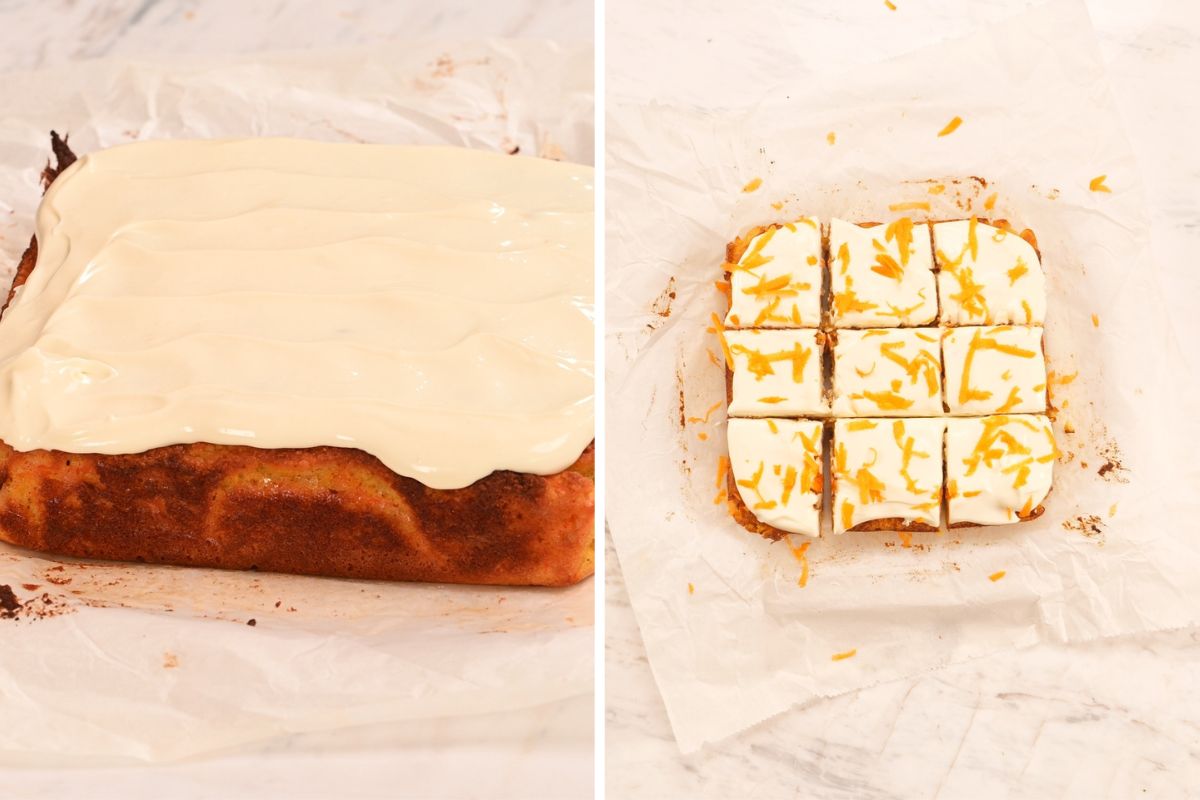 Cottage Cheese Carrot Cake Bars 10 Spreading creamy cottage cheese frosting over baked carrot bars and slicing into squares.