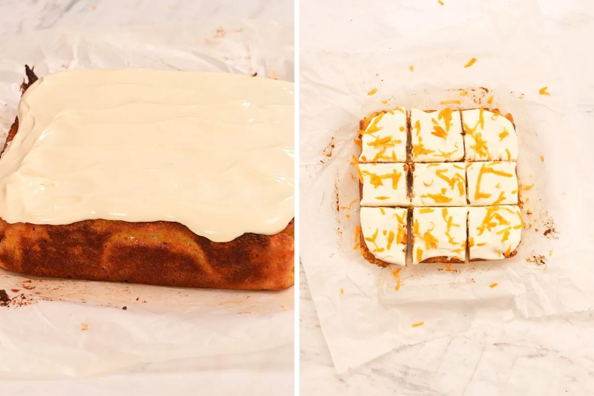 Cottage Cheese Carrot Cake Bars 10 Spreading creamy cottage cheese frosting over baked carrot bars and slicing into squares.