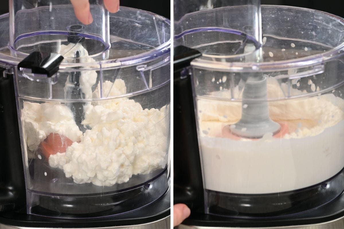High-Protein Cottage Cheese Strawberry Mousse 4 Blending cottage cheese in a food processor until smooth for high-protein strawberry mousse.