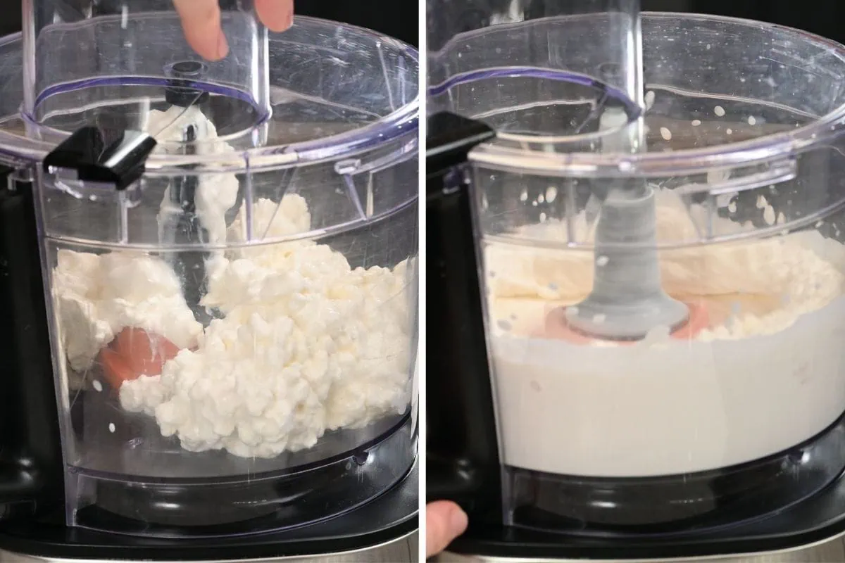 High-Protein Cottage Cheese Strawberry Mousse 4 Blending cottage cheese in a food processor until smooth for high-protein strawberry mousse.