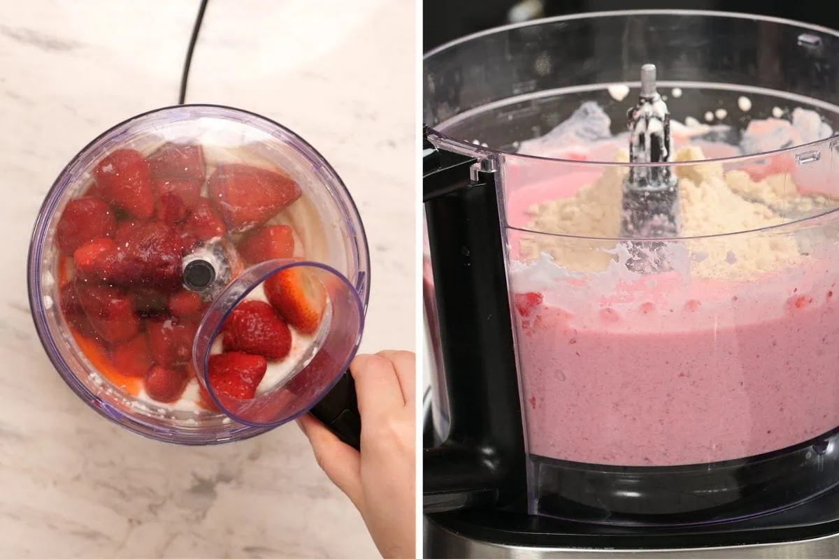 High-Protein Cottage Cheese Strawberry Mousse 5 Fresh strawberries added to blended cottage cheese in a food processor.