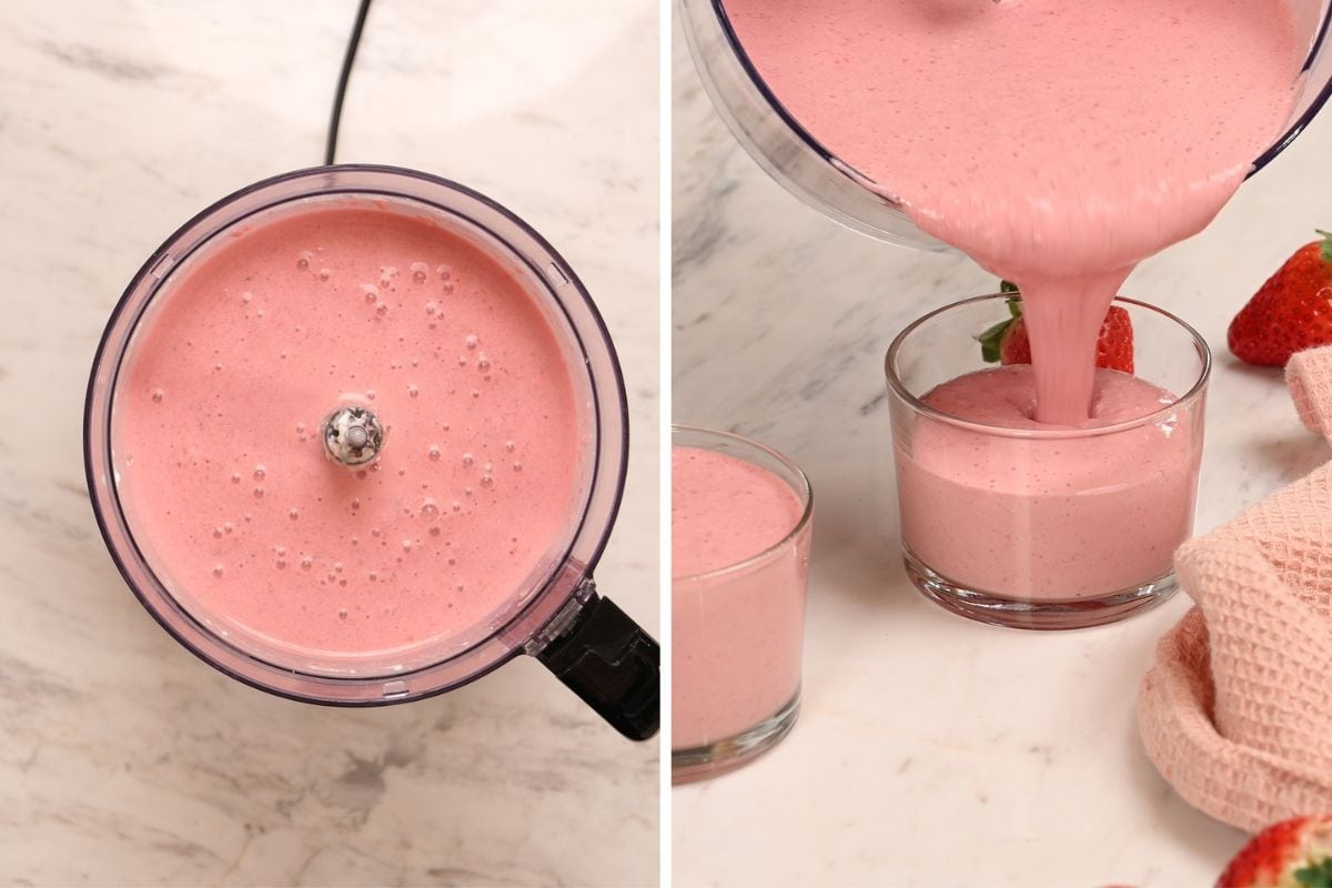 High-Protein Cottage Cheese Strawberry Mousse 7 Pouring strawberry cottage cheese mousse into small glass dessert cups.