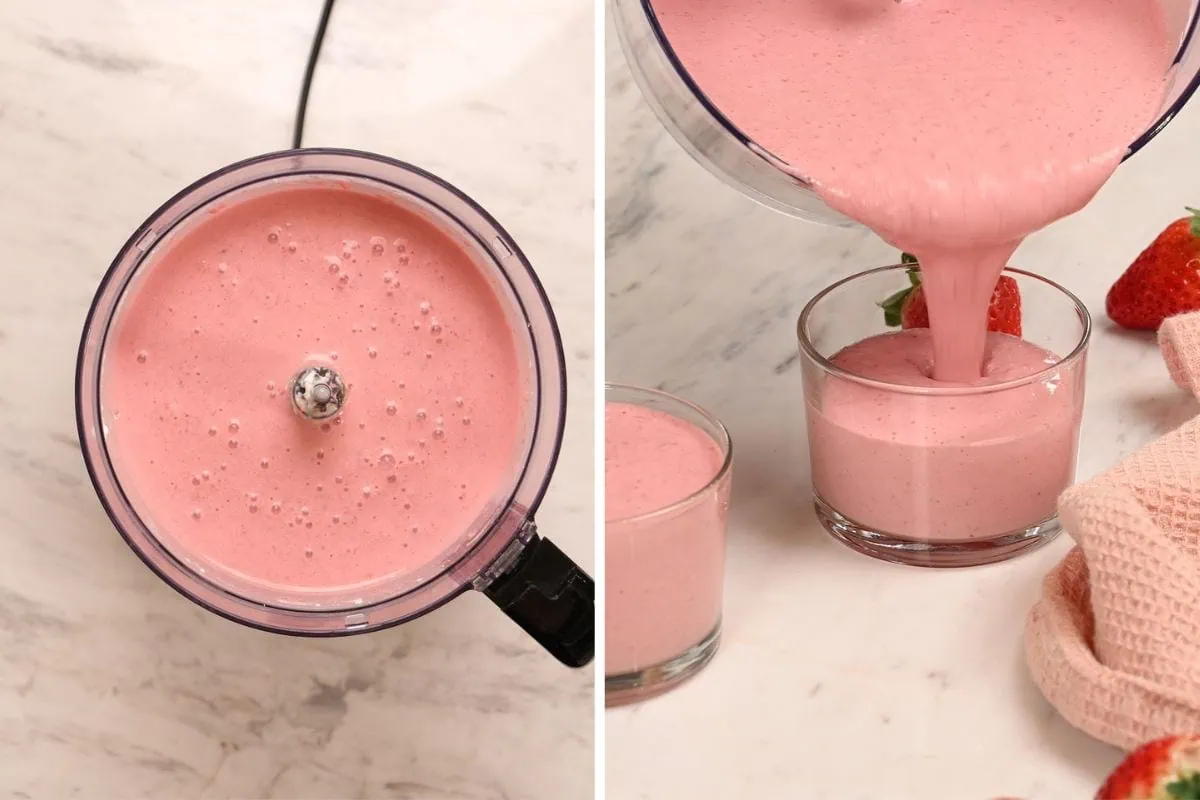 High-Protein Cottage Cheese Strawberry Mousse 7 Pouring strawberry cottage cheese mousse into small glass dessert cups.