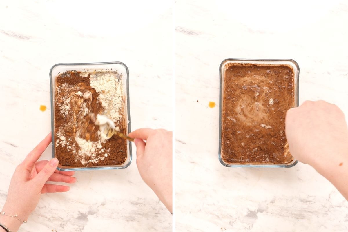 High Protein Tiramisu Chia Pudding 4 Mixing cocoa powder, protein powder, and yogurt in a glass dish to make high protein tiramisu chia pudding.