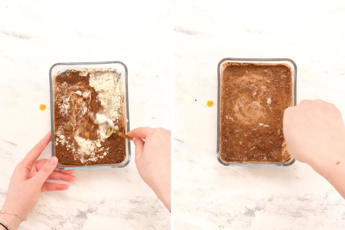 High Protein Tiramisu Chia Pudding 4 Mixing cocoa powder, protein powder, and yogurt in a glass dish to make high protein tiramisu chia pudding.