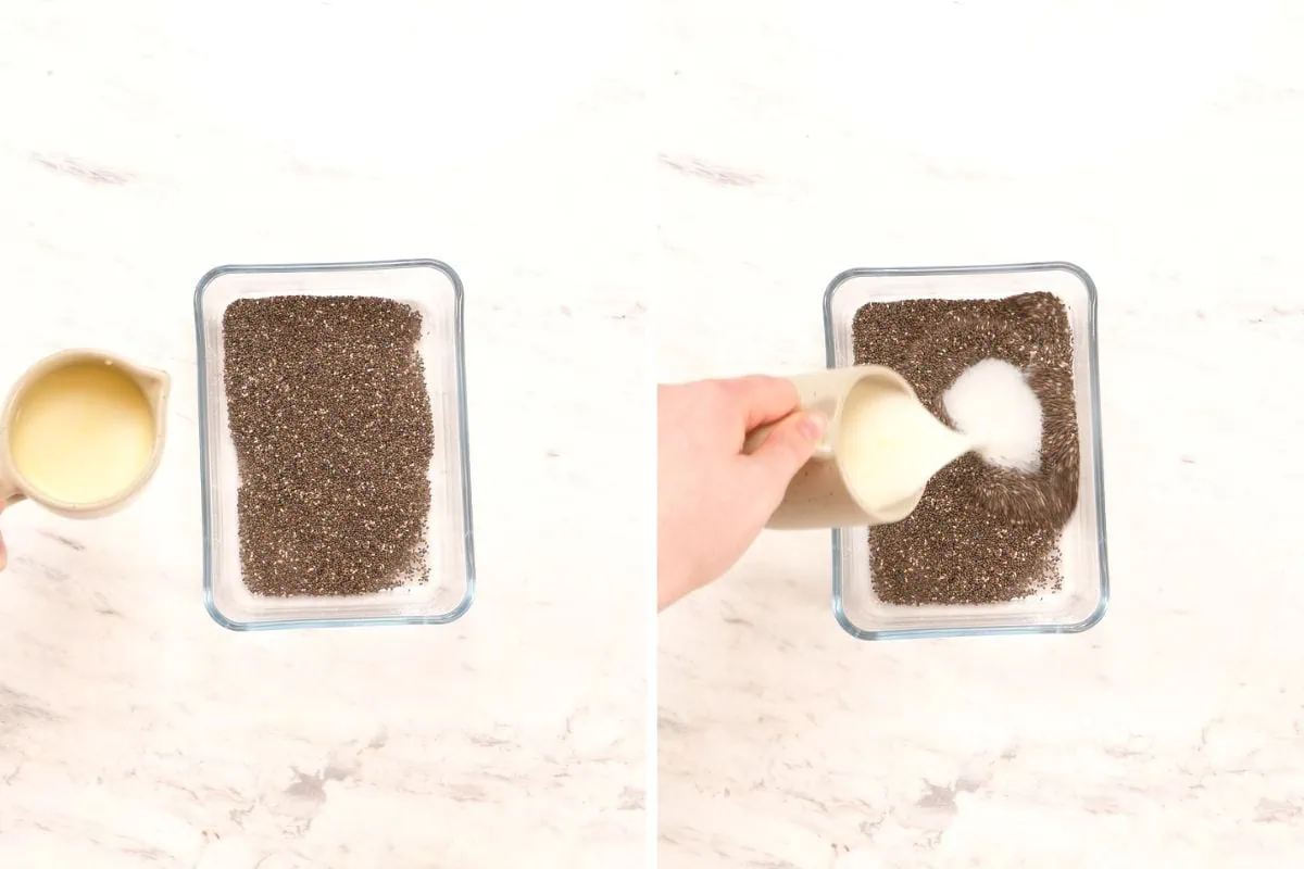High Protein Tiramisu Chia Pudding 3 Pouring milk over chia seeds to make the base for high protein tiramisu chia pudding.