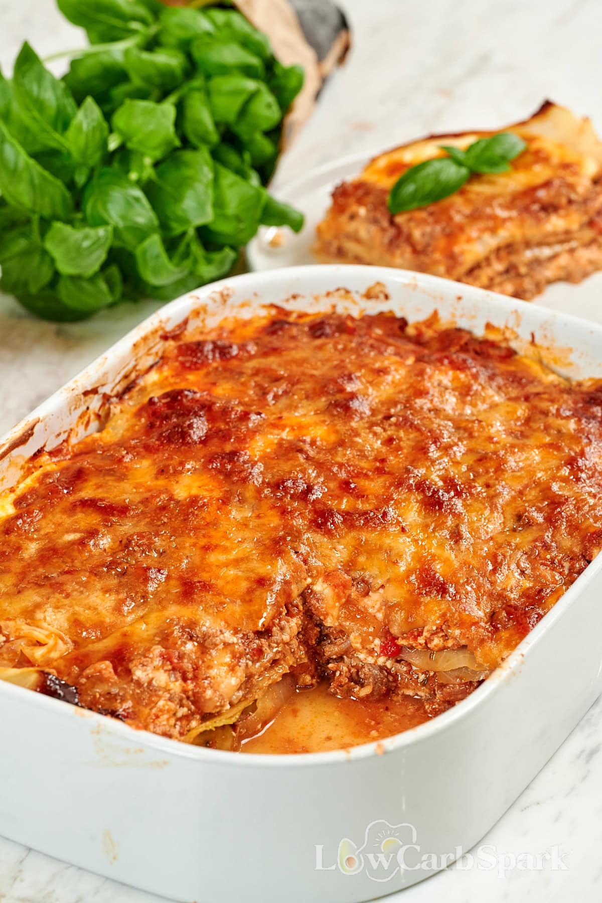 Cheesy low carb cabbage lasagna fresh from the oven.
