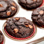 Chocolate protein muffins baked in a muffin tin with chocolate chips on top.