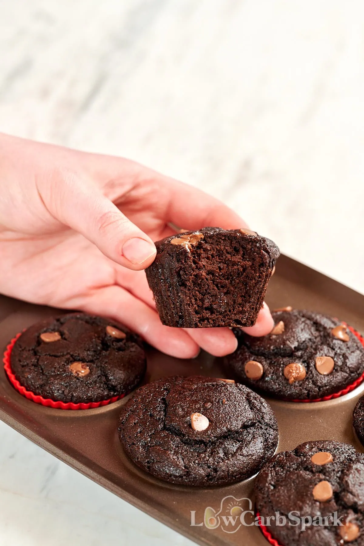 Greek Yogurt Chocolate Protein Muffins 3 Hand holding a soft chocolate protein muffin made with Greek yogurt.