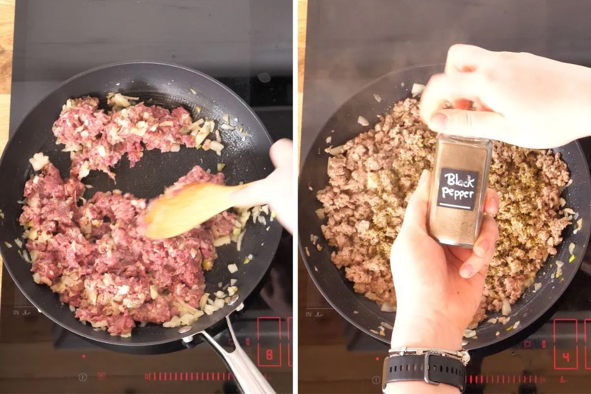 High-Protein Cabbage Lasagna 5 Ground beef cooking with onions in a skillet for lasagna meat sauce.