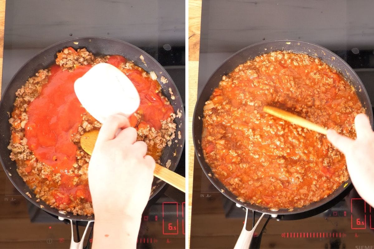 Adding tomato sauce to ground beef mixture for cabbage lasagna.
