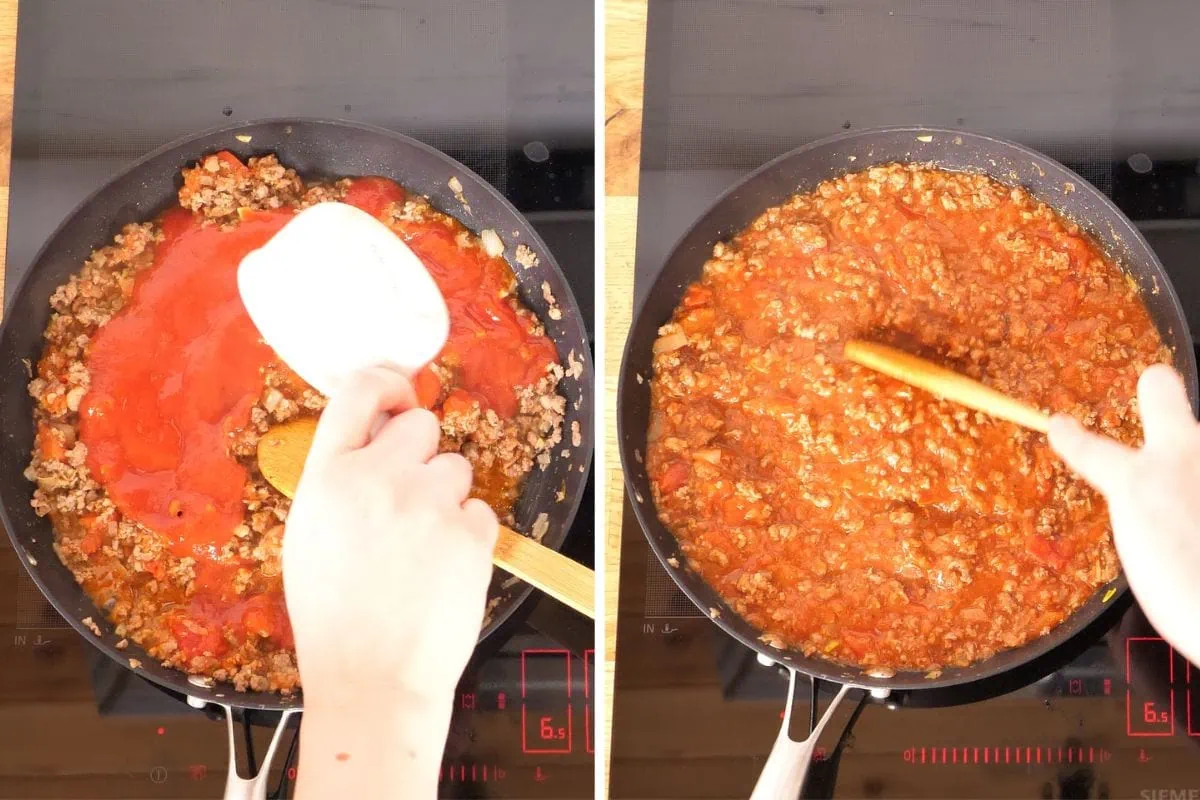 High-Protein Cabbage Lasagna 6 Adding tomato sauce to ground beef mixture for cabbage lasagna.