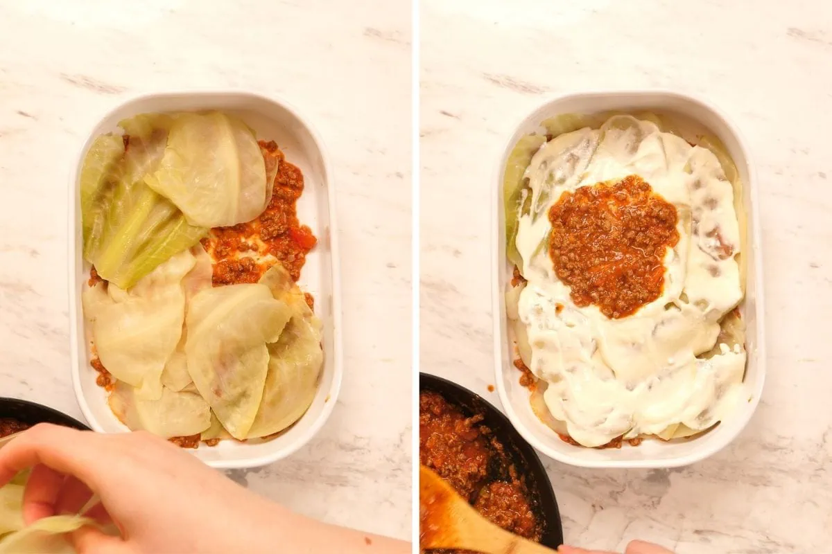 High-Protein Cabbage Lasagna 8 Layering cabbage leaves in a baking dish for cabbage lasagna.