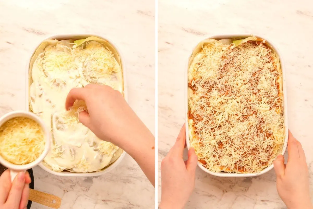 High-Protein Cabbage Lasagna 9 Spreading ricotta and meat sauce over cabbage layers in lasagna.