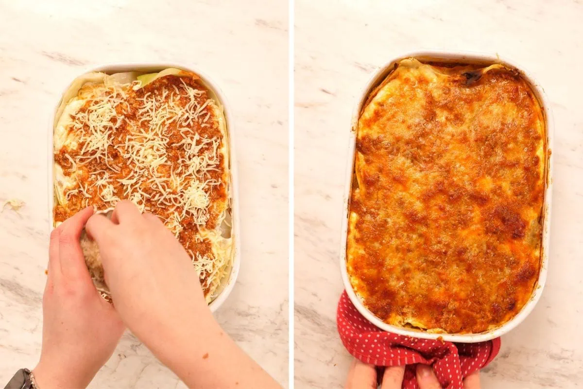 High-Protein Cabbage Lasagna 10 Cabbage lasagna topped with cheese ready to bake.