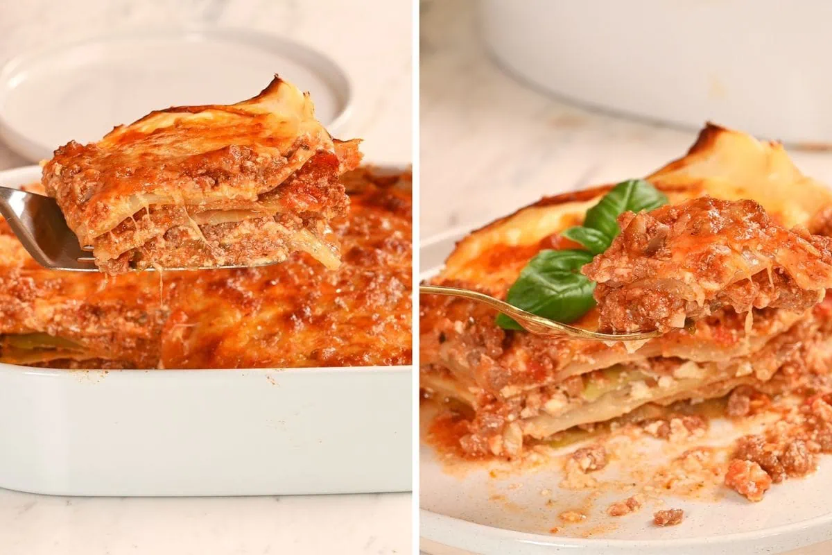 High-Protein Cabbage Lasagna 11 Serving a slice of keto cabbage lasagna with meat sauce and cheese.