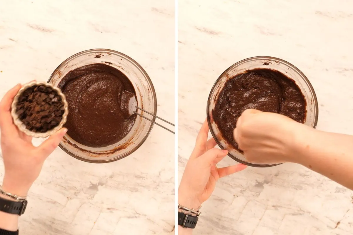 Greek Yogurt Chocolate Protein Muffins 8 Stirring chocolate muffin batter with chocolate chips.