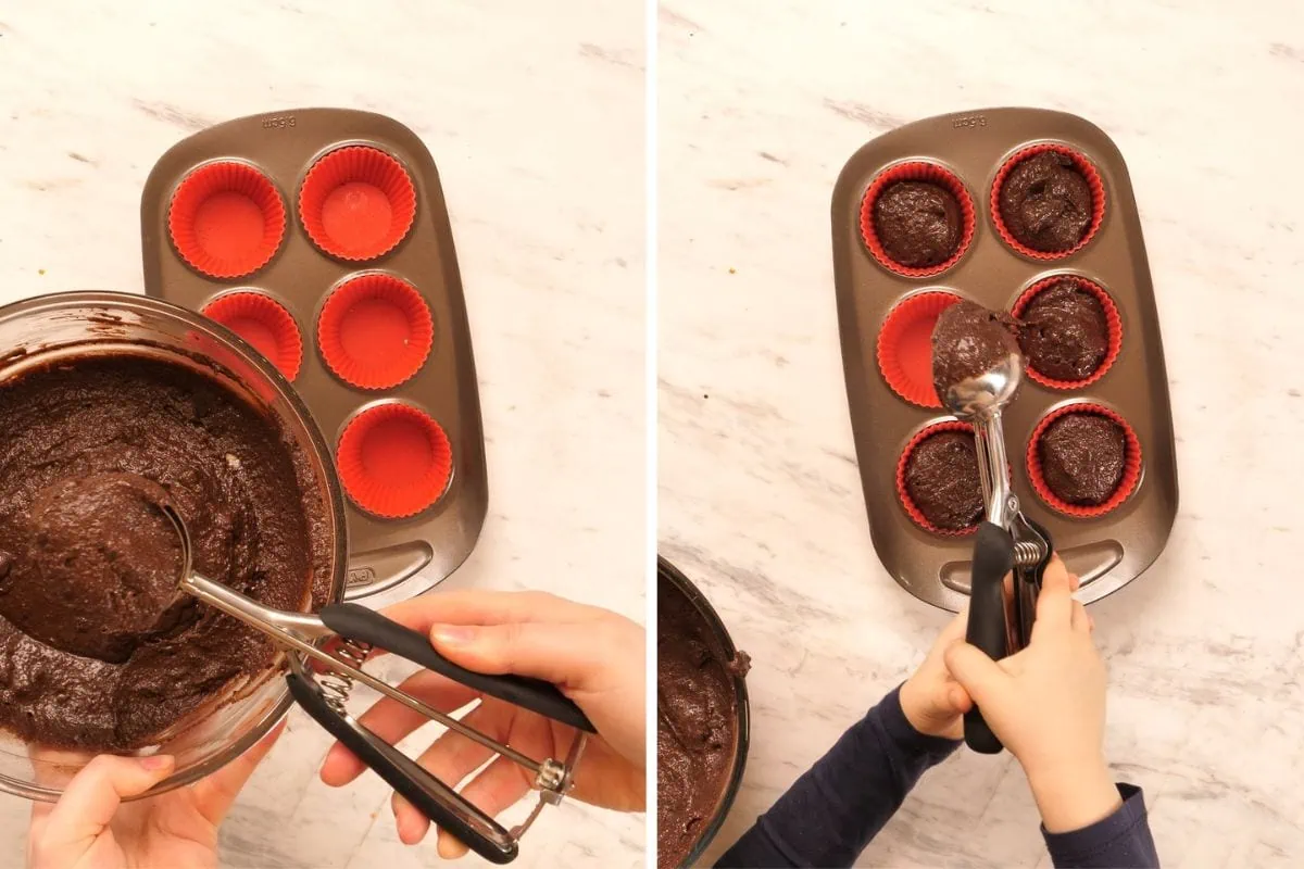 Greek Yogurt Chocolate Protein Muffins 9 Scooping chocolate protein muffin batter into a lined muffin pan.