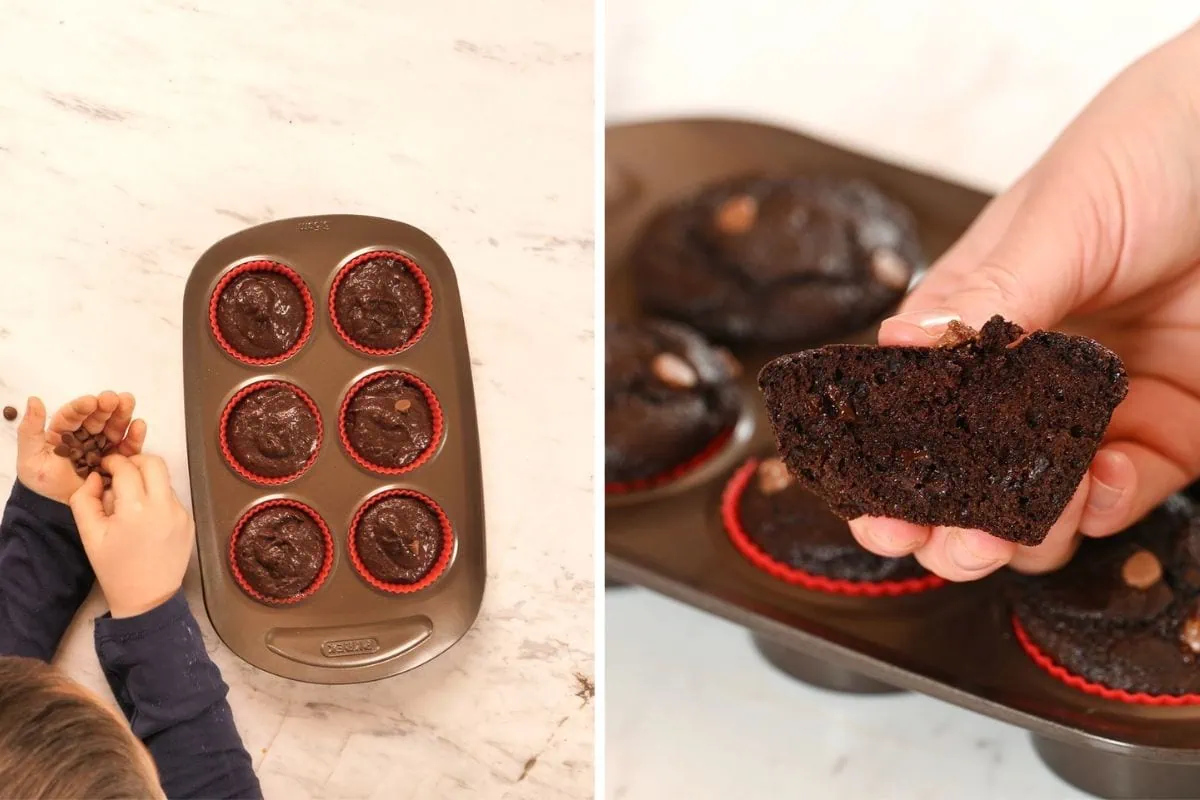 Greek Yogurt Chocolate Protein Muffins 10 Chocolate muffin batter portioned into silicone muffin liners.