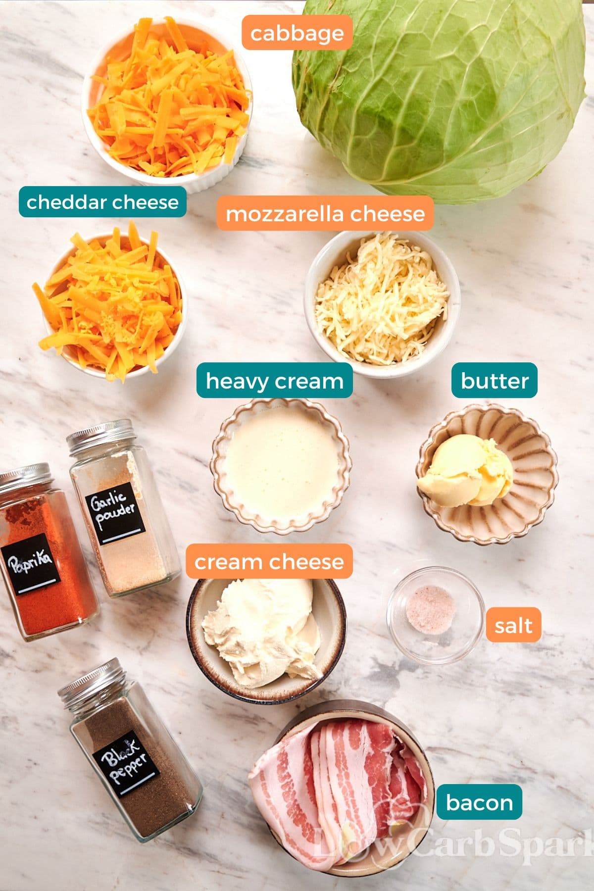 Ingredients for creamy cabbage mac and cheese including cabbage, shredded cheese, cream cheese, bacon, butter, and spices